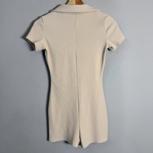 Edikted Lucia Ribbed Romper Women's XS Tan Button Up Collared Micro Mini Bodycon - Picture 11 of 15